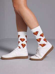 SUPERMAN X SHEIN 1雙女款字母圖案時尚中筒襪，適合日常穿著 - 白色 - 查看 4
