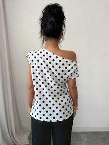 SHEIN Raffinéa Plus Size Women's Polka Dot Print Asymmetrical Shoulder Ruched Top - Black and White - View 2