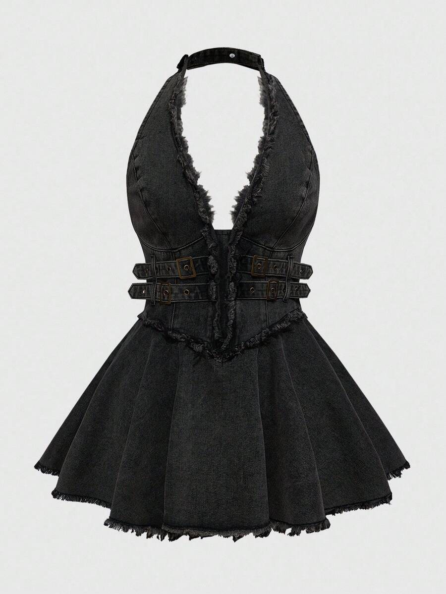 ROMWE Grunge Punk Y2K Distressed Washed Color Cold Shoulder Halter Neck Ruffle Hem Plus Size Women's Ultra Mini Denim Dress - Black - View 1