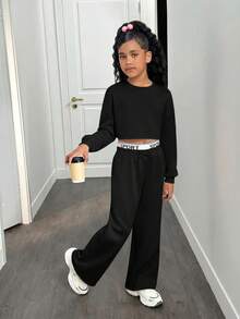 SHEIN Tween Girl Casual Loose Kids Drop Shoulder Sweatshirt With Letter Sweatpants Long Autumn Pants Set, Suitable For Daily Wear, Outings And School - Black - View 6