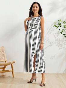 SHEIN Vestido casual de maternidad con cuello redondo, diseño de bloques de color a rayas y abertura, para uso diario - Multicolor - Ver 3