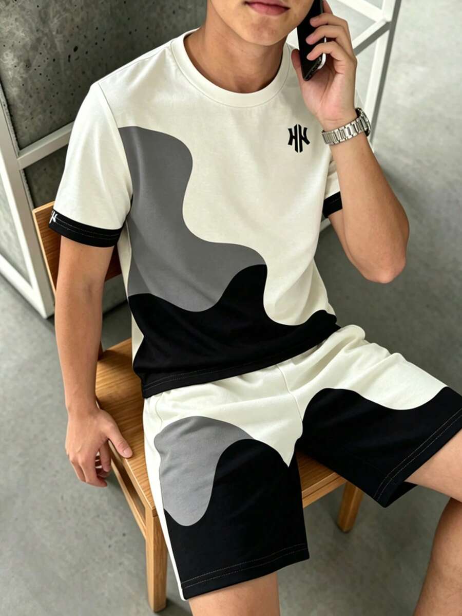SHEIN 男童夏季兩件套-對比波浪印花短袖T恤+短褲,黑白配色,適合休閒與運動穿著 - 彩色 - 查看 1