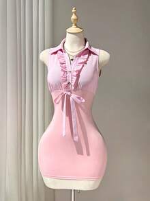 Elamini Vestido ajustado para mujer estilo sexy y puro deseo, primavera/verano, con camisola sin mangas, volantes plisados, lazo con nudo, tejido de punto y patchwork de tela tejida a rayas rosas - Rosa - Ver 1