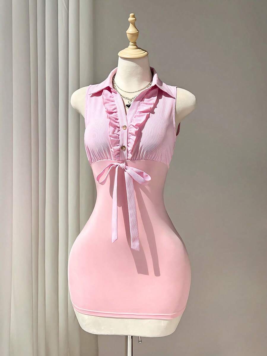 Elamini Vestido ajustado para mujer estilo sexy y puro deseo, primavera/verano, con camisola sin mangas, volantes plisados, lazo con nudo, tejido de punto y patchwork de tela tejida a rayas rosas - Rosa - Ver 1