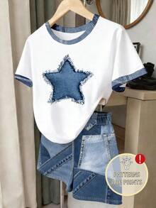 夏秋休閒時尚青少年女孩簡約仿牛仔星形印花短袖T恤與短褲兩件套，美式復古印花設計，適合8Y-12Y女孩的百搭套裝，四季皆宜 - 白色 - 查看 1
