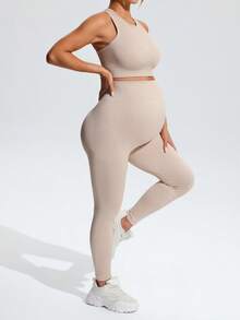 SHEIN Maternity Round Neck Textured Cropped Tank Top And Sports Long Pants Set - Khaki - View 7
