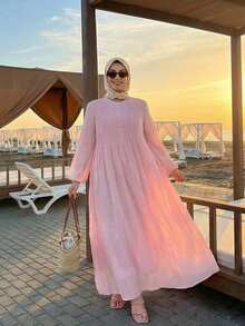 Solavon Plus Size Solid Color Casual Vacation Dress Fall - Dusty Pink - View 3