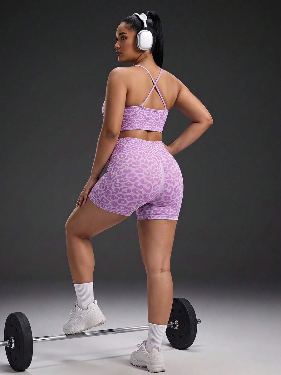Powerista Plus Size Women's Leopard Print Criss-Cross Back Cropped Camisole Top And High-Waisted Shorts Two-Piece Activewear Set