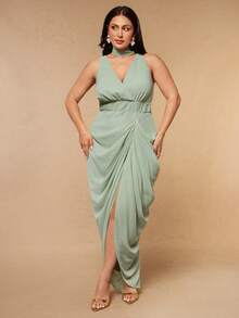 SHEIN BAE CURVE Plus Size Women's Sage Green Elegant Celestial Sexy Dress, Pleated Slit Asymmetrical Evening Wedding Guest Dinner Summer - Green - View 5