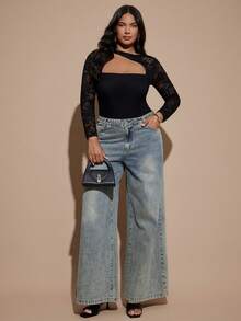 SHEIN BAE CURVE 大尺碼女款黑色蕾絲拼接長袖連身衣，優雅性感連身衣 - 黑色 - 查看 4