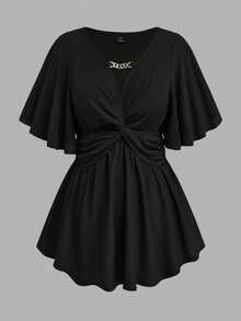 EMERY ROSE Plus Size Women's Spring/Summer Chain Trim Ruffle Knot Waist Knit Solid Color Elegant A-Line V-Neck T-Shirt Top - Black - View 5