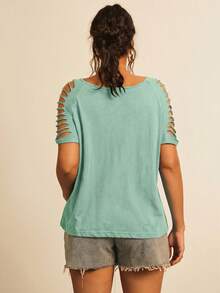 Freevana Women's Plus Size Solid Color Off-Shoulder Short Sleeve T-Shirt Formal Dusty Blue Summer Casual - Mint Blue - View 2