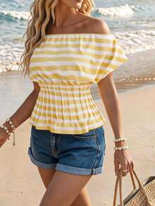 Travachic Pastel Yellow Off-Shoulder Waist-Cinching Women's T-Shirt Vacation Summer Sexy Tropical - Light Yellow - View 4