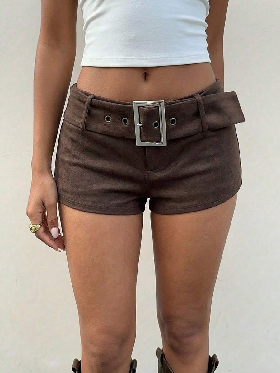 Aloruh Women's Spring/Summer New Tie-Dye Washed PU Mini Shorts With Belt, Retro Distressed Style Shorts