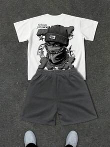 Manfinity EMRG Conjunto de camiseta con estampado de personaje vintage de calle y pantalones cortos con cintura de cordón para hombre - Multicolor - Ver 6