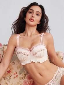 SHEIN 1pc 3D Pink Rose Embroidered Ruched Satin Ruffle Gathered Bra - Apricot - View 4