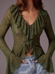 Athîral Vestido largo elegante de unicolor con volantes de encaje para mujer - Verde Gris - Ver 5