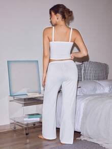 Lowkey Lull Women's Summer Fitted Y2K Fashion Contrast Trim Camisole And Long Pants Pajama Set, Loungewear Set - White - View 3