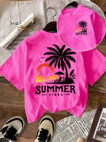 EMERY ROSE Raphic Tee Y2K 風格雙面印花夏季休閒女款上衣，復古圓領純色 T-shirt - 玫紅色 - 查看 1