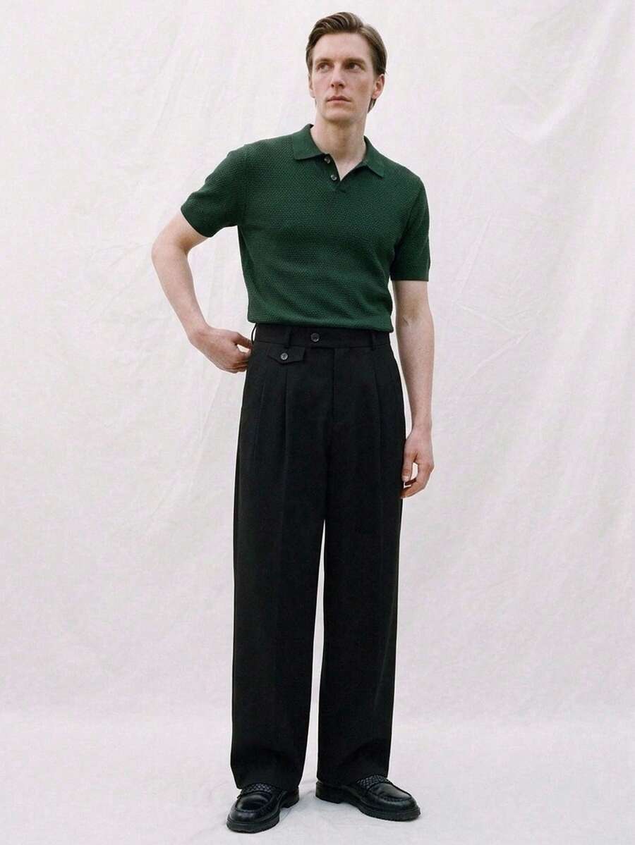 Manfinity CityGents 男士西装裤,高端新款设计,垂褶西装裤,设计师时尚休闲黑色简约商务裤,男士老钱风,日常休闲,周末旅行,户外活动,探险旅行,轻松的工作环境或半正式场合,男友/丈夫礼物,周年纪念/生日礼物,派对,夏季假期,婚礼,春夏,狂欢节,男士现代纯黑色宽松褶裥裤,休闲版型裤,褶裥裤,宽松黑色裤,适合仪式穿着的宽松裤 - 黑色 - 查看 1