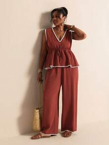 Elaquor Plus Size Vacation Casual Bohemian Boho Contrast Trim Tank Top Long Pants 2 Pieces Set Summer Going Out Bussines Beach Brunch Ruffle Hem - Redwood - View 5