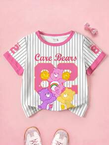 SHEIN X Care Bears 小女孩卡通字母数字图案短袖休闲T恤，舒适白色条纹运动衫，小码 - 白色 - 查看 1