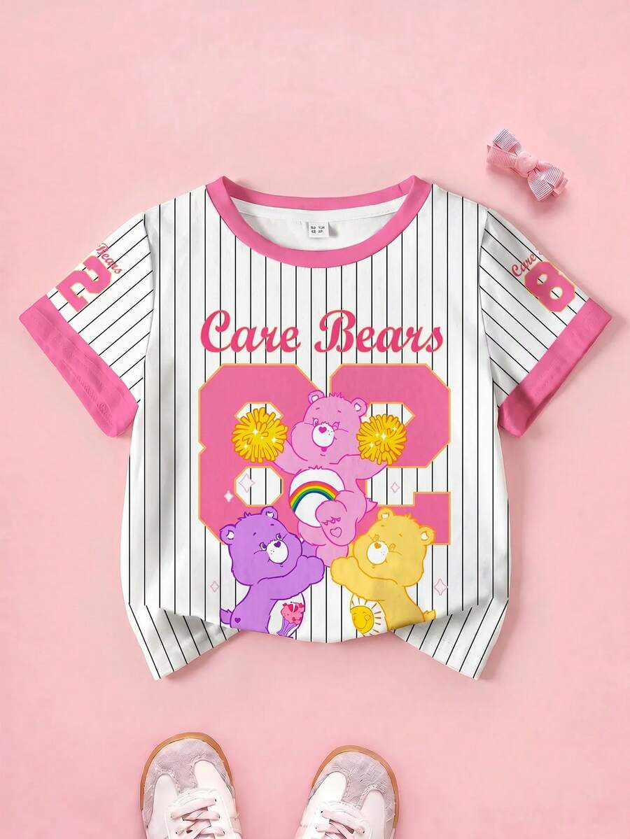 SHEIN X Care Bears 小女孩卡通字母数字图案短袖休闲T恤,舒适白色条纹运动衫,小码 - 白色 - 查看 1