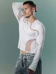 FeverCity Men's Hollow Design Crew Neck Long Sleeve T-Shirt - White - View 3