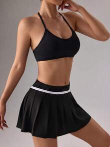 SHEIN Dewbera 女款純色交叉背日常健身運動內衣 - 黑色 - 查看 1