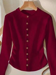 GlowEve Women's Casual Solid Color Ribbed Button Long Sleeve T-Shirt - Red - View 1