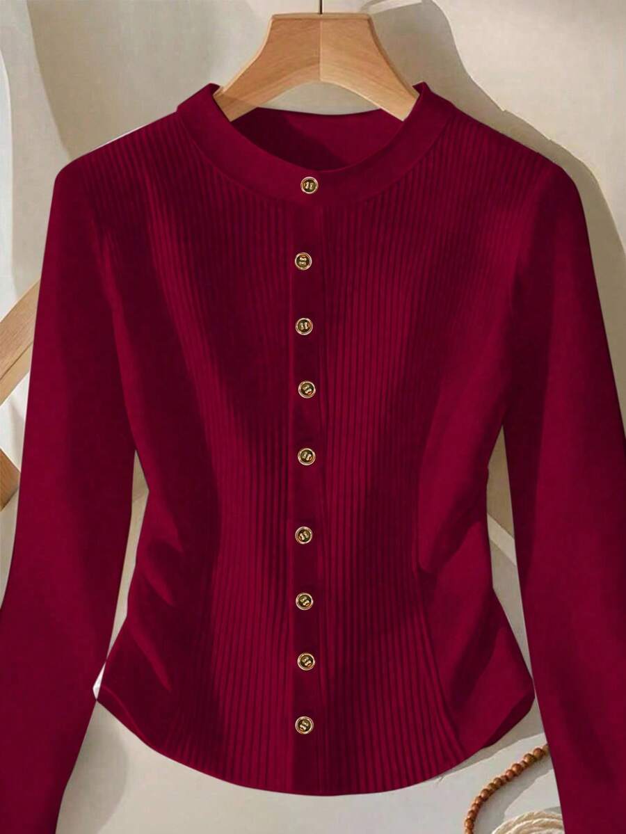 GlowEve Women's Casual Solid Color Ribbed Button Long Sleeve T-Shirt - Red - View 1