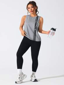 SHEIN Rhythm Era Damen Große Größen Sport Yoga Outdoor Fitness Tanktop Ärmellos T-Shirt 2 Stücke Set mit Brust einseitig Doppelstreifen Buchstaben Muster Basic minimalistischer Stil - Verschiedenfarbig - Übersicht 3