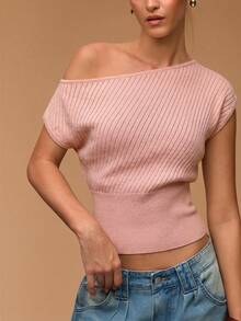 SHEIN BAE 女款不對稱領口針織休閒上衣 - 粉色 - 查看 1