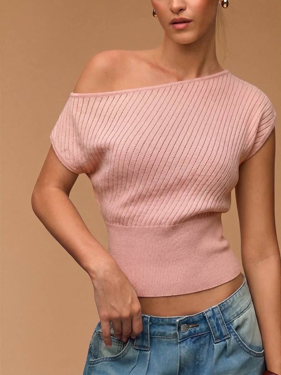 SHEIN BAE 女款不對稱領口針織休閒上衣 - 粉色 - 查看 1