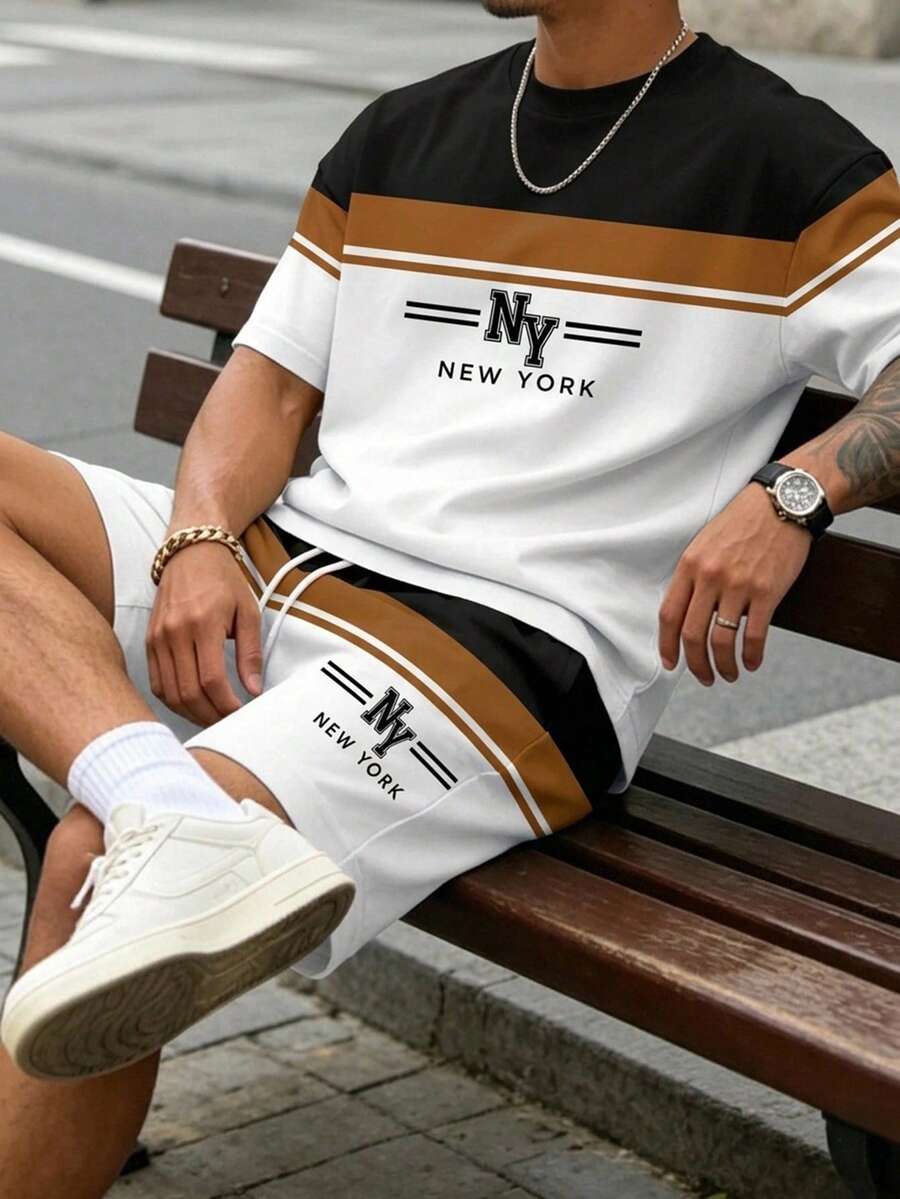 Sorvial Men's Minimalist Letter Contrast Print T-Shirt And Shorts Set