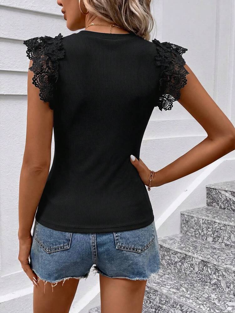 Solivie Women's Summer Casual Solid Color Lace Patchwork T-Shirt - Black - View 2