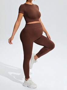 SHEIN Maternity Short Sleeve Top And Long Pants Sports Set - Brown - View 6