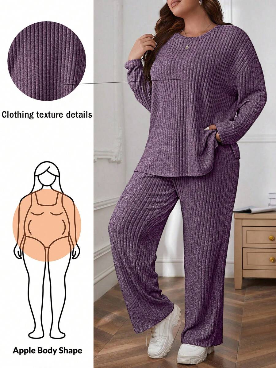 Shapeblank 2pcs Plus Size Solid Color Rib Knit Long Sleeve Top And Pants Set, Casual Autumn Fall - Purple - View 1