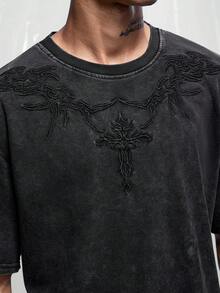 IRON GLYPH 男士街头风流行做旧十字刺绣水洗黑色T恤，适合户外音乐节、休闲外出、送给男友/老公的礼物、周年纪念日纯棉上衣，男士纯棉上衣，男士T恤，做旧T恤，男装 - 黑色 - 查看 7