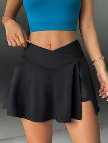 Easithlete Easithlete Women 2-In-1 Tennis Skort, V-Waist Criss Cross Front Slit Athletic Golf Skirt With Pockets, Black Mesh Lined High Waist Workout Skirt - Black - View 1