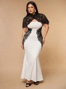 SHEIN BAE CURVE Plus Size Women's Black Lace Patchwork Long Dress, Cover-Up Top Set Evening Wedding Summer Formal Elegant - White - View 5