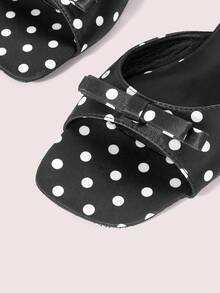 CUCCOO DOLLMOD Women's Shoes, Black And White Polka Dot Bow Decorative Square Toe Flat Sandals, Casual Satin Open-Toed Slippers, Suitable For Daily Wear - Black - View 4