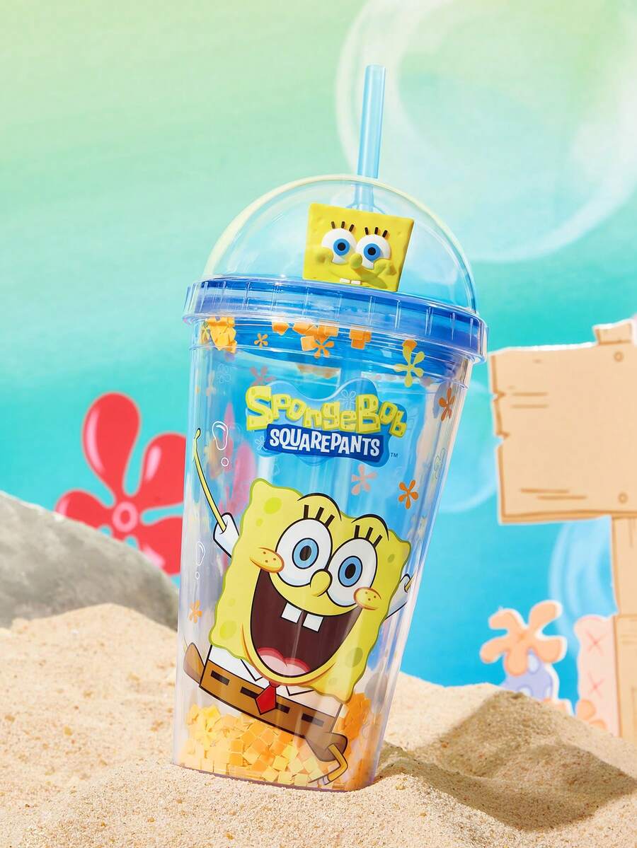 SpongeBob SquarePants | SHEIN Vaso con pajita translúcido de 480ml - Amarillo - Ver 1