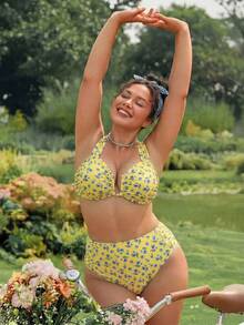 Swim Mod 2026 New Plus Size 2-Piece Bikini Set Set, Yellow Base With Random Blue Ditsy Floral, V-Neck U-Back Design, Suitable For Beach & Resort Wear - Multicolor - View 5