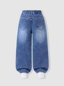 SHEIN 少女 Y2K 街頭日常彈性腰直筒牛仔褲，平口袋設計，秋季日常 OOTD - 深色水洗藍 - 查看 3