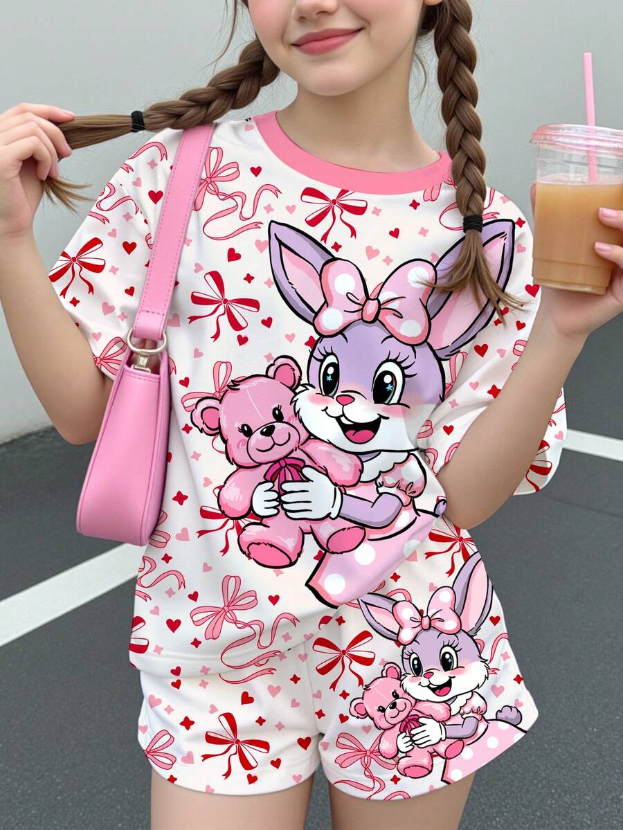 兒童青少年女孩休閒極簡可愛卡通兔子圖案甜美芭蕾風蝴蝶結印花粉色與白色短袖短褲兩件套夏季 - 彩色 - 查看 1