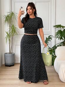 SHEIN EZwear 碎花女款大尺碼休閒T恤與裙子套裝 - 彩色 - 查看 5