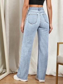 SHEIN EZwear 高腰直筒牛仔褲 - 淺色水洗藍 - 查看 2