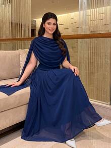 SHEIN Lady CURVE Plus Size Elegant Party Solid Color Ruched Dress Summer - Blue - View 7