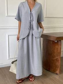 DAZY Spring Summer Loose Casual Long Sleeve Shirt And Straight Leg Pants 2 Pieces Set For Women Vacation Light Blue Brunch - Blue - View 6